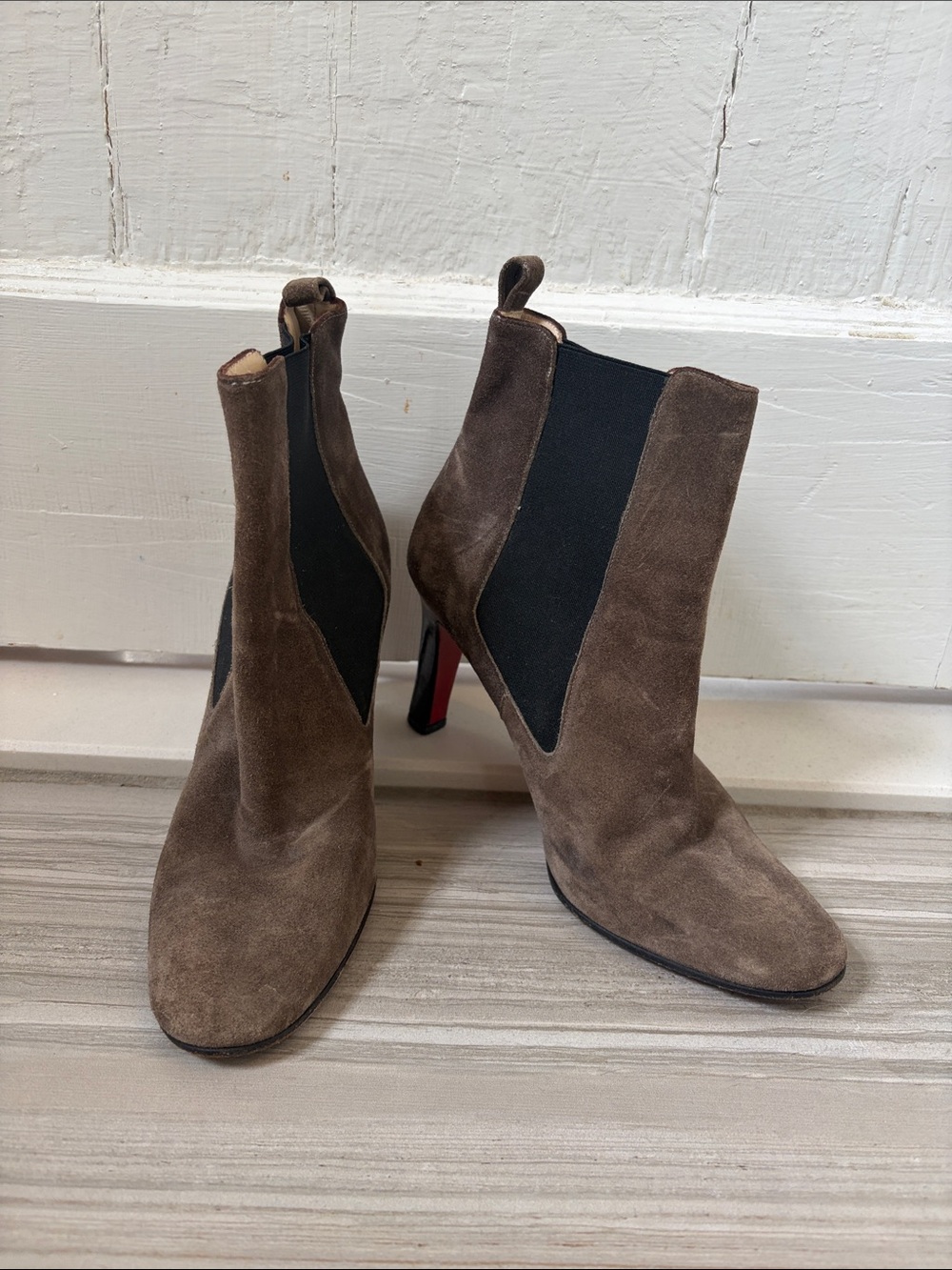 Christian Louboutin Brown Suede Ankle Booties with Black Elastic and Red Soles
